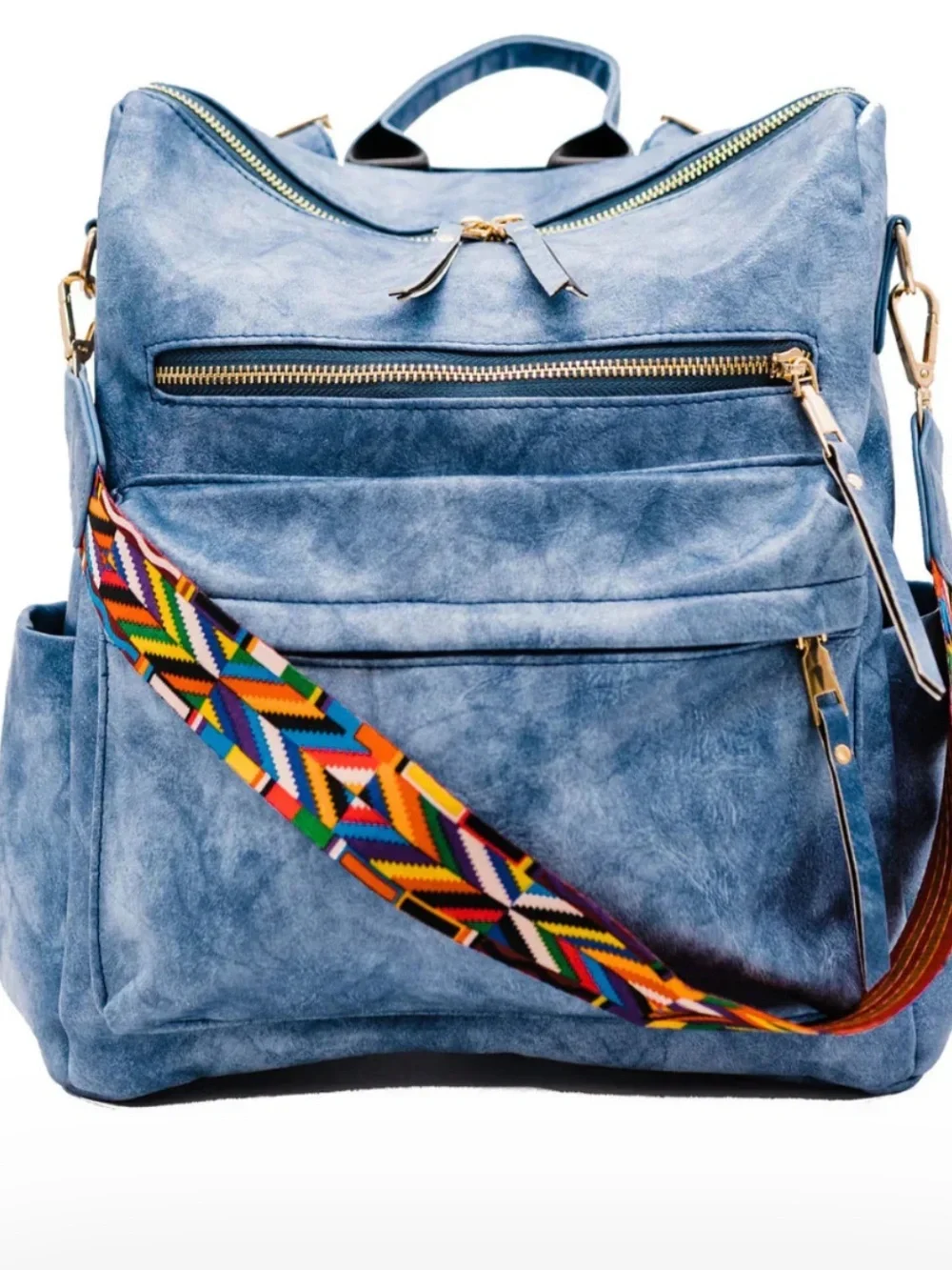 Dusty Blue heritage Vegan Leather Backpack with guitar  Colorful Strap